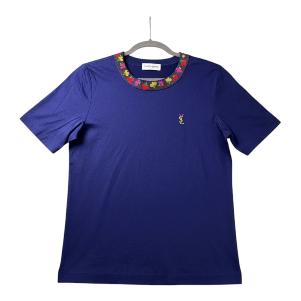 7331 - Yves Saint Laurent Vintage Navy Floral Embroidered Collar Tee - Size M